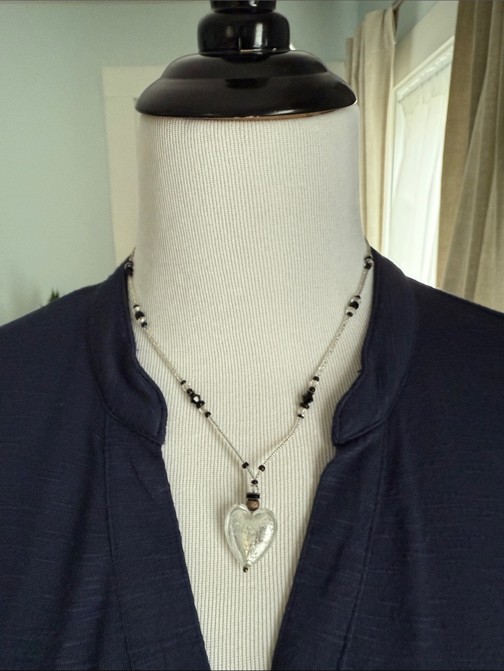 Silver Heart Pendant Necklace with Black Bead Accents